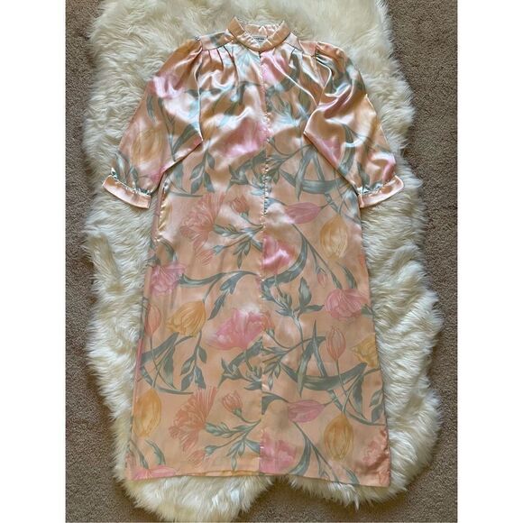 Vintage Neiman Marcus Natori Satin Floral Long Intimates Nightgown House Dress S - Picture 5 of 10
